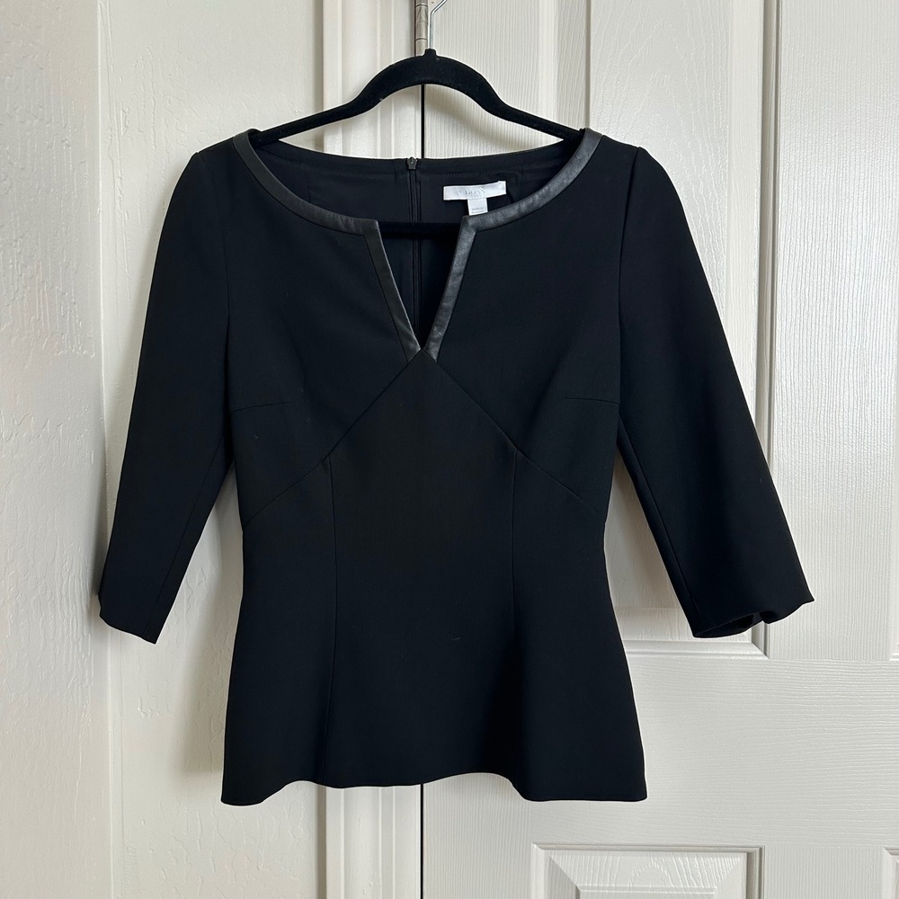 BOSS Hugo Boss Black Leather Trim V-Neck Peplum Top 3/4 Sleeve Size 2‎